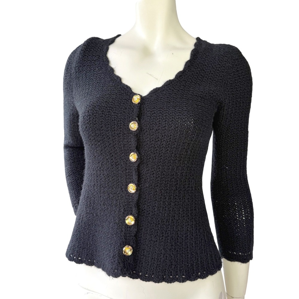 Handmade Vintage Crochet Cardigan Gold Rhinestone Buttons Coquette Black Small